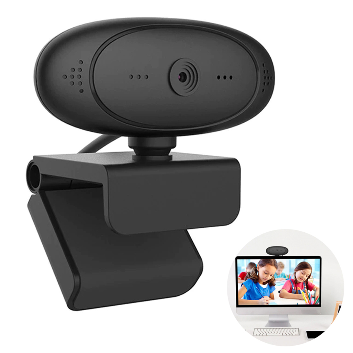 Eine schwarze Webcam mit einem Monitor, der zwei zeichnende Kinder zeigt.