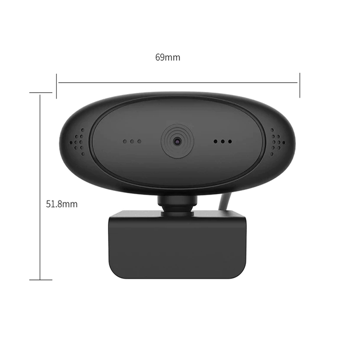 Schwarze Webcam mit Linse, drei Punkten und Abmessungen von 69 mm x 51,8 mm. Auf schwarzer Basis.