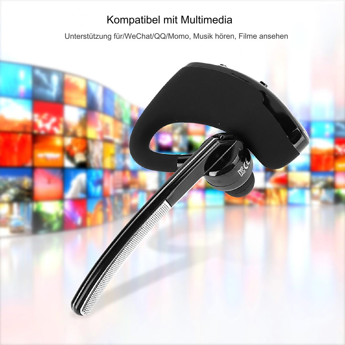 Ein schwarzes Bluetooth-Headset mit geschwungenem Design, isoliert auf farbenfrohem Hintergrund.