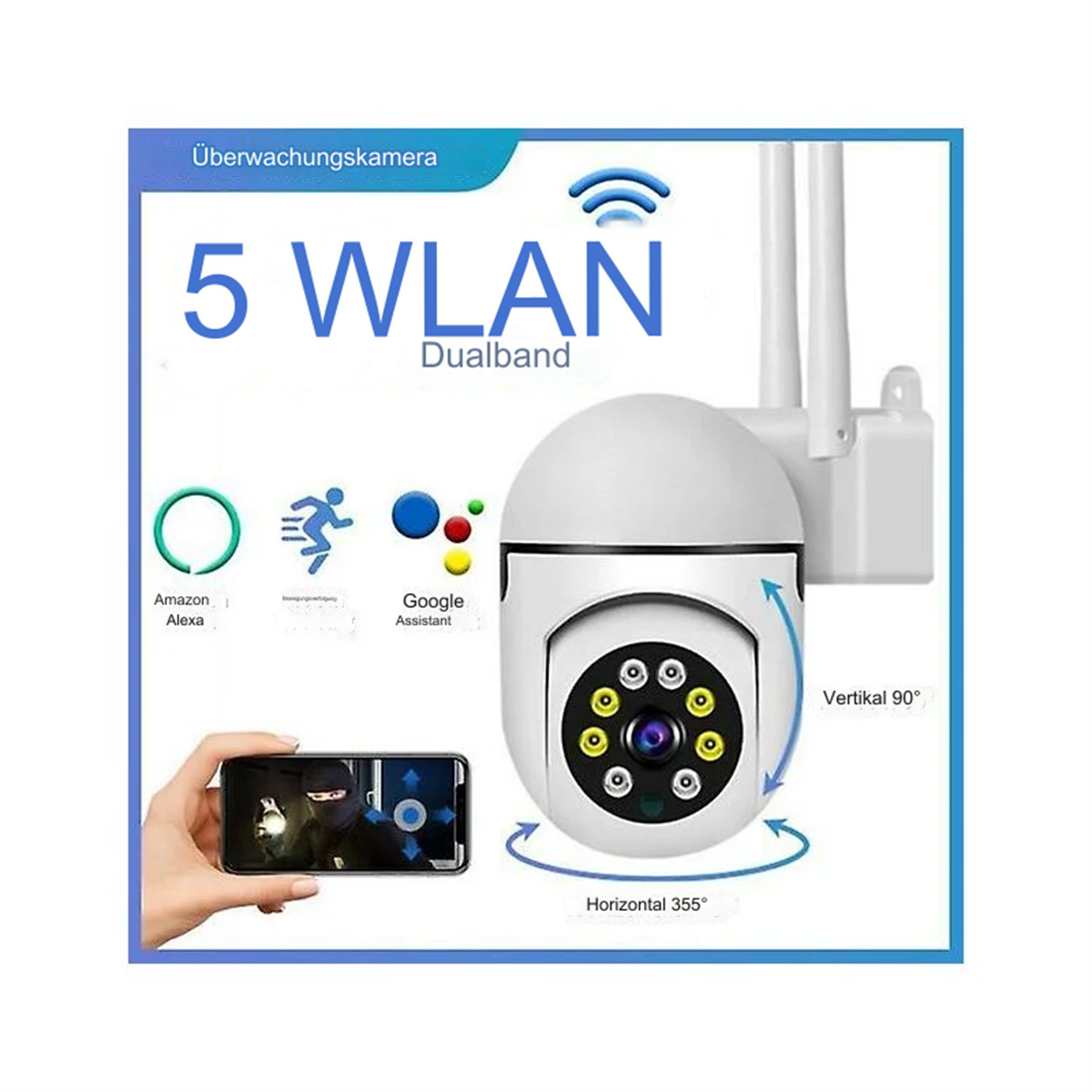 Weiße Überwachungskamera mit Antennen und Smartphone mit Live-Feed. Text: 5 WLAN Dualband.