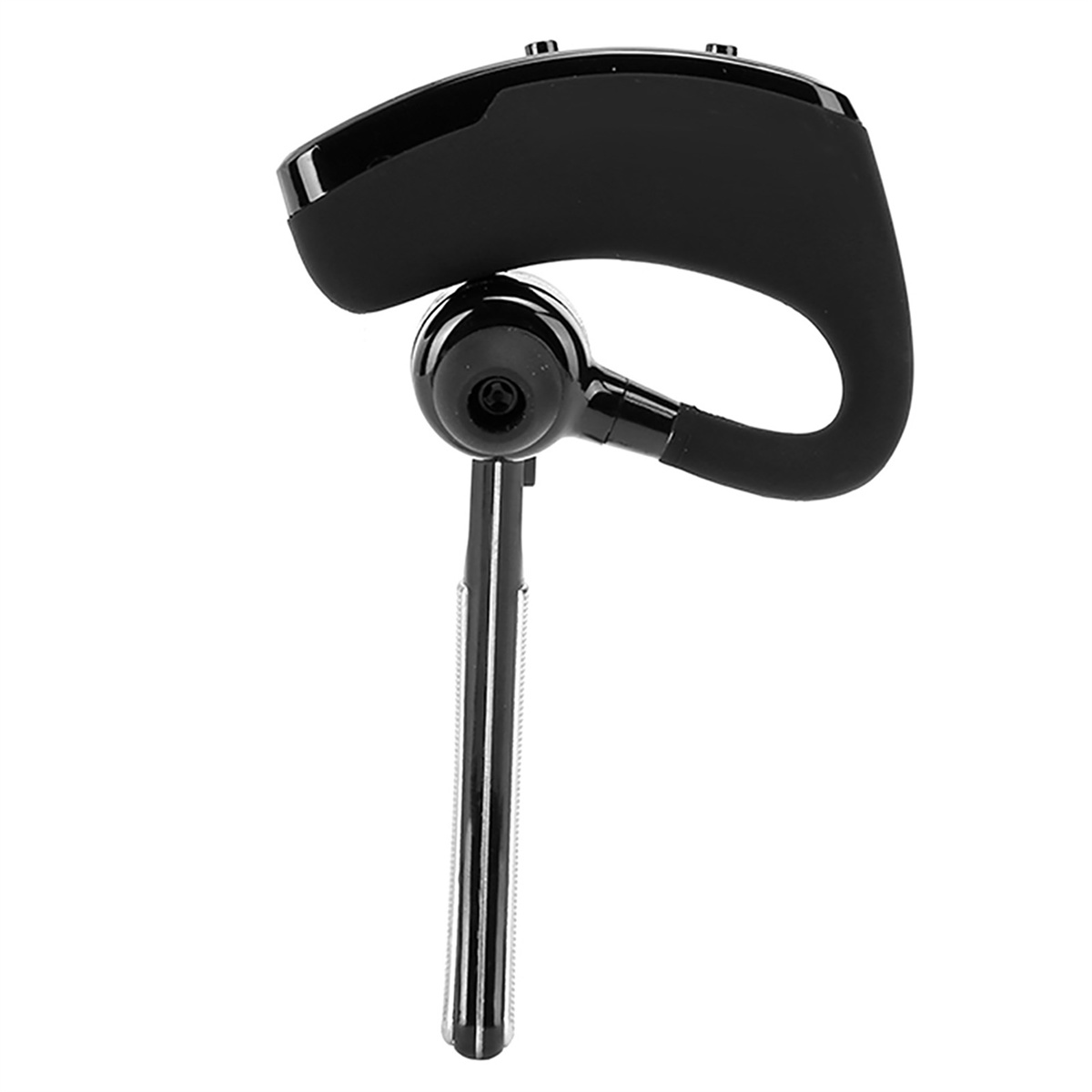 Schwarzes drahtloses Headset mit Ohrbügel. Weißer Hintergrund.