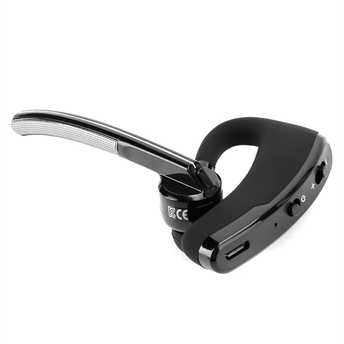 Schwarzes Bluetooth-Headset mit geschwungenem Design, mit Lautstärke- und Ein-Aus-Tasten.