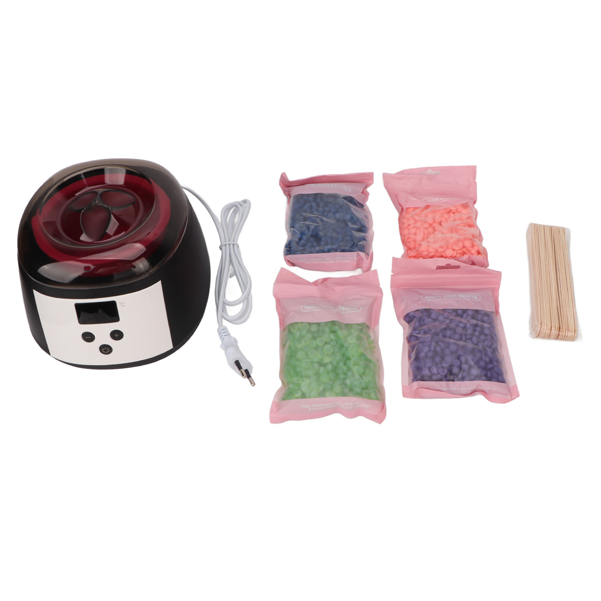 Wachs-Wärmer mit Wachsperlen in Rosa, Blau, Grün und Lila. Holzspatel sind ebenfalls enthalten.