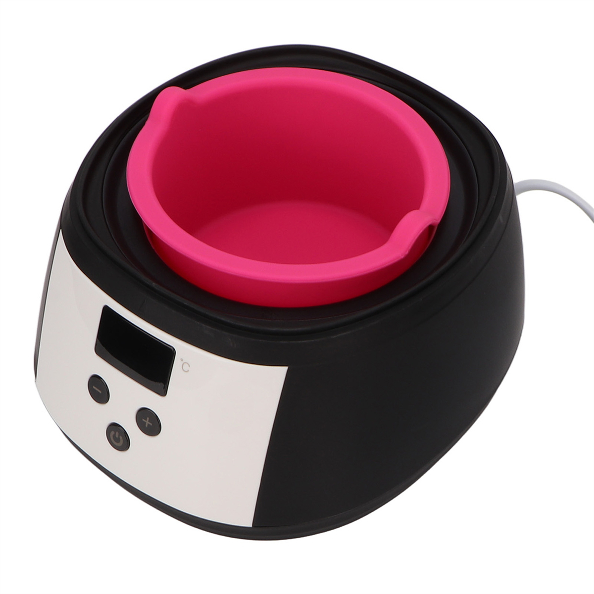 Schwarz-weißer Wachswärmer mit rosa Innenschüssel und digitaler Anzeige.