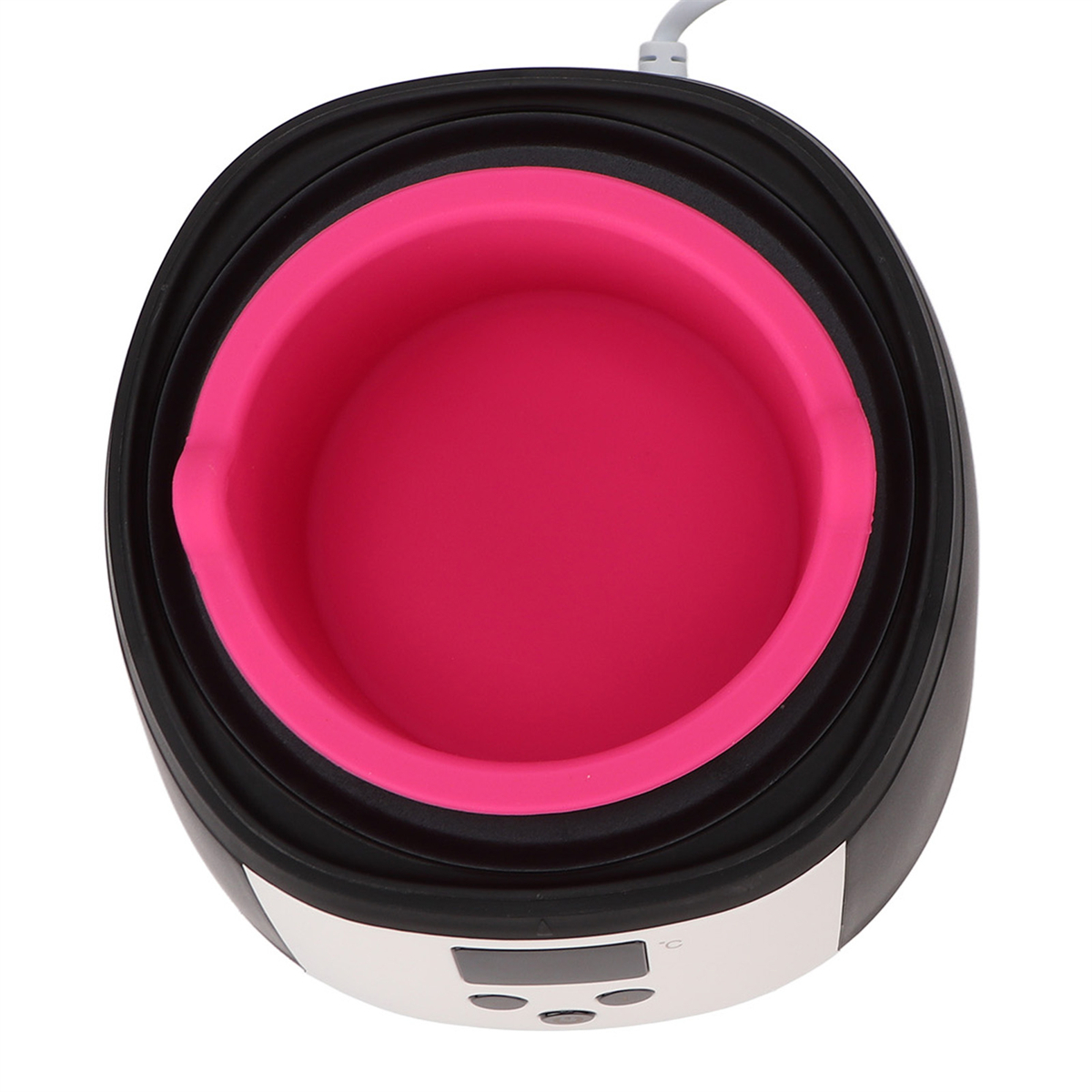 Draufsicht auf einen rosa und schwarzen Wachswärmer.