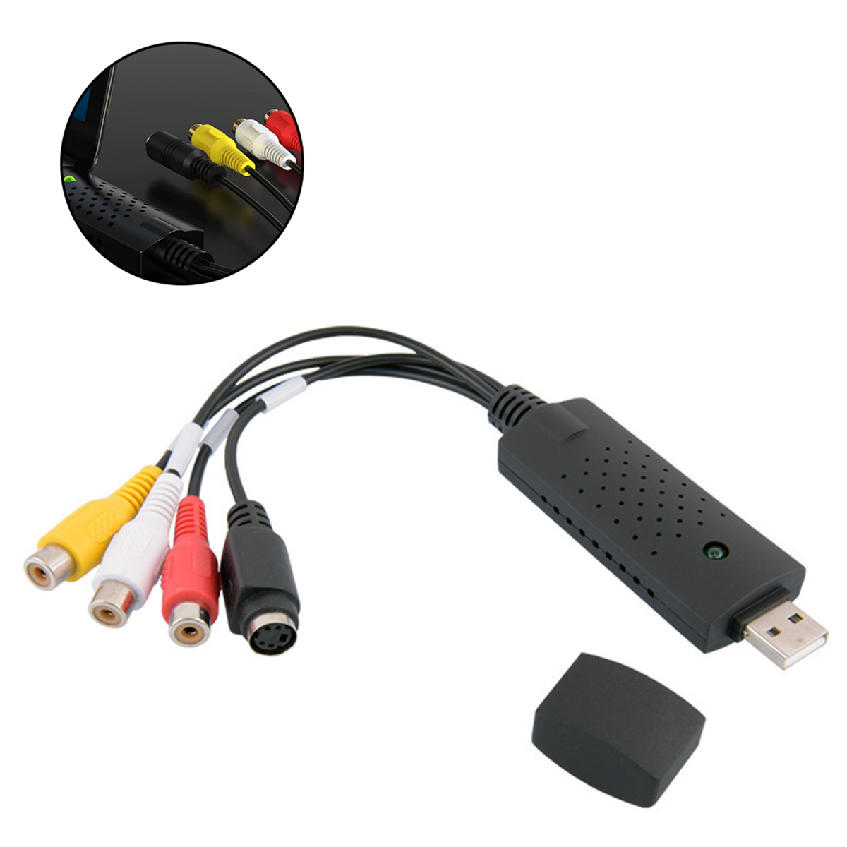Schwarze USB-Video-Capture-Karte mit Cinch- und S-Video-Anschlüssen und einem USB-Stecker.