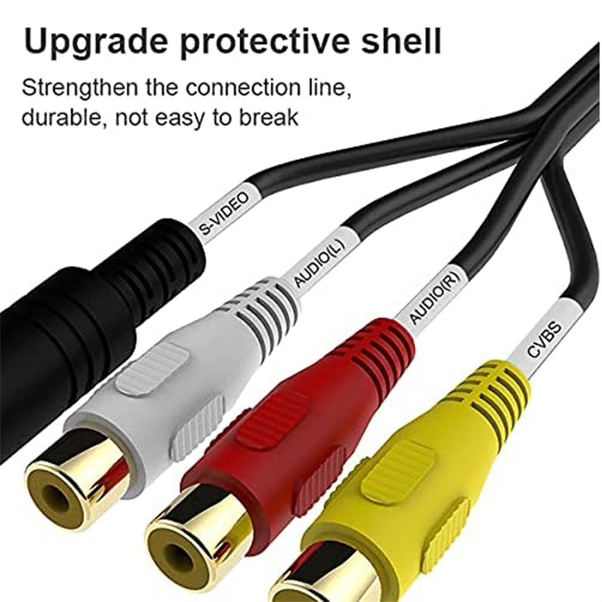 Nahaufnahme von drei AV-Kabeln: S-VIDEO, AUDIO(L), AUDIO(R) und CVBS. Schwarze, weiße, rote und gelbe Stecker.
