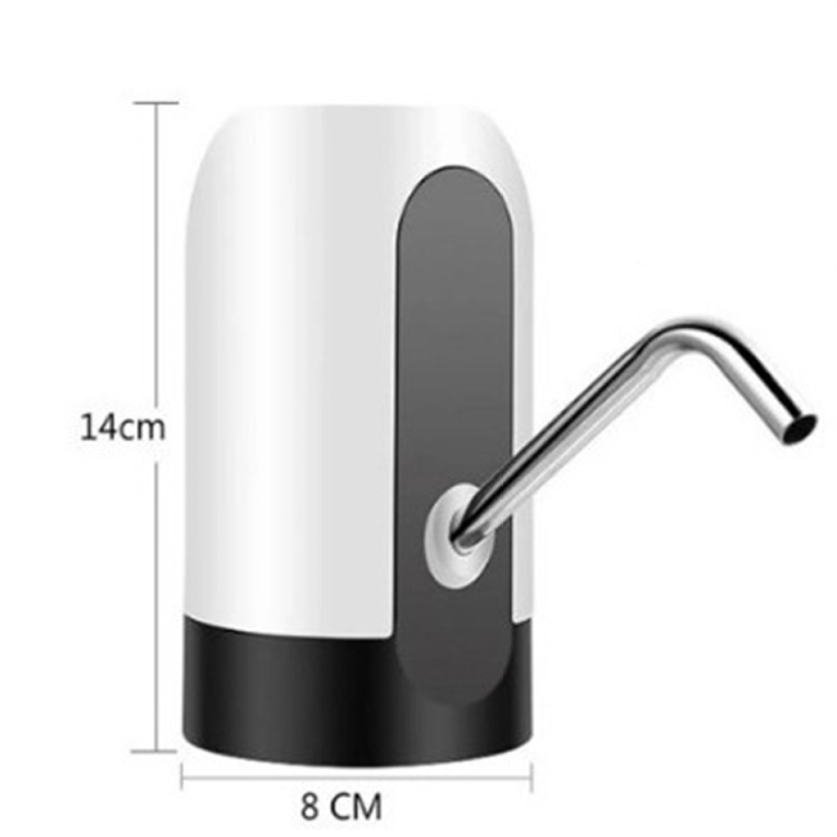 Weiße und schwarze elektrische Wasserpumpe mit Metallauslauf. Abmessungen angegeben.