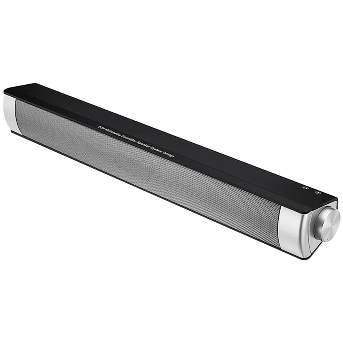 Schwarz-silberner Soundbar-Lautsprecher, rechteckige Form mit Mesh-Front und Knopf.