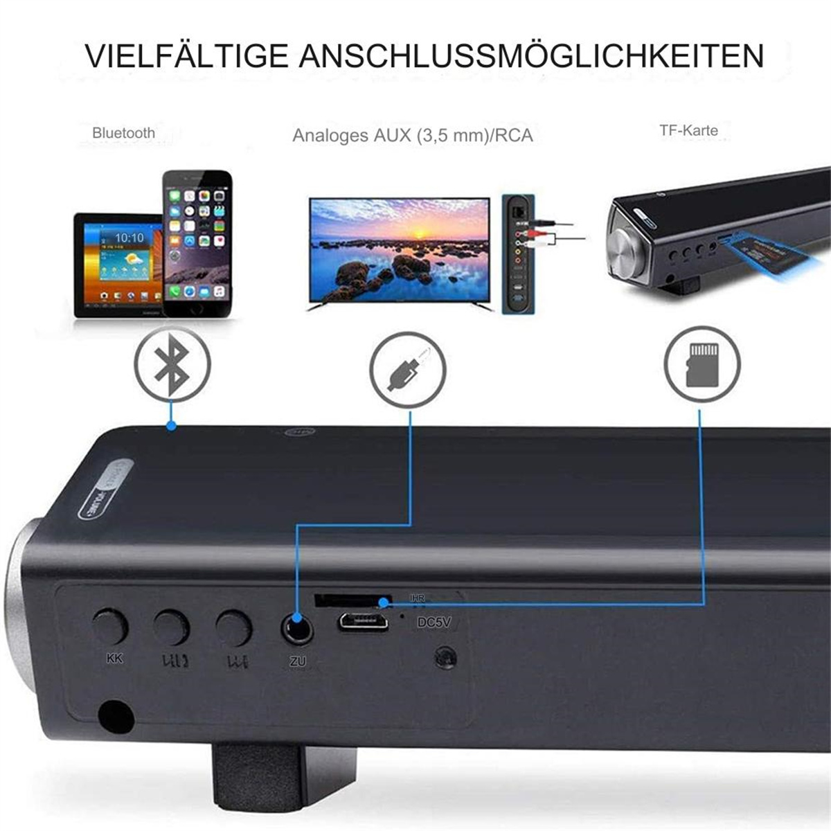 Schwarze Soundbar mit Bluetooth, Aux- und TF-Karten-Anschlussmöglichkeiten. Ein Tablet und Telefon sind in der Nähe.