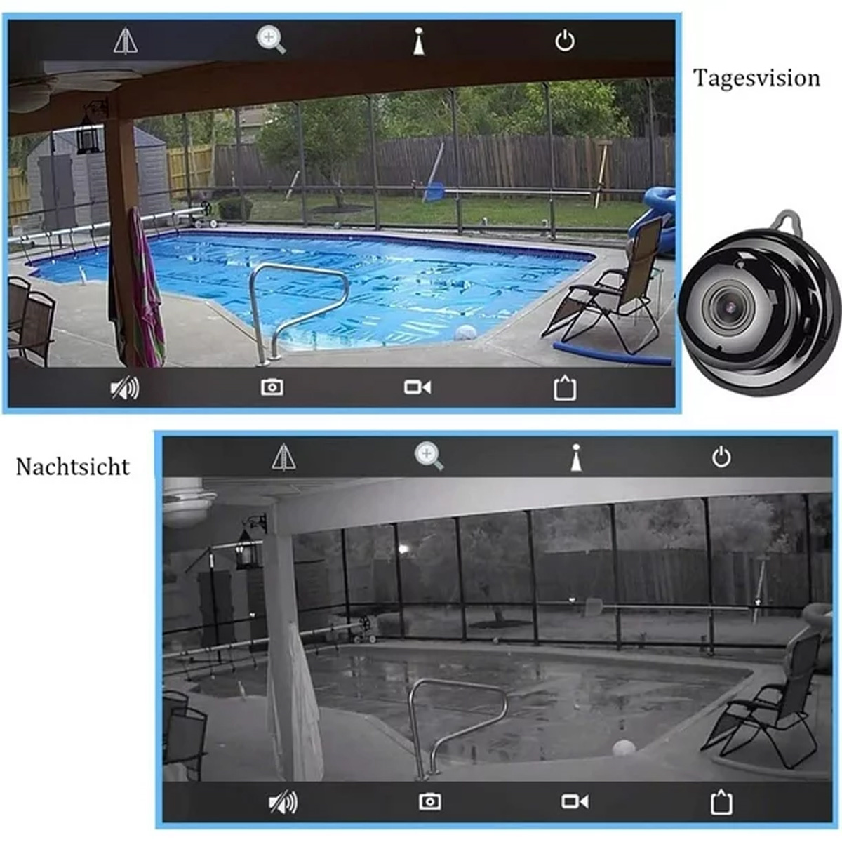 Zwei Ansichten eines Pools mit Kamera, Tag- und Nachtsicht, mit Hund im Pool.
