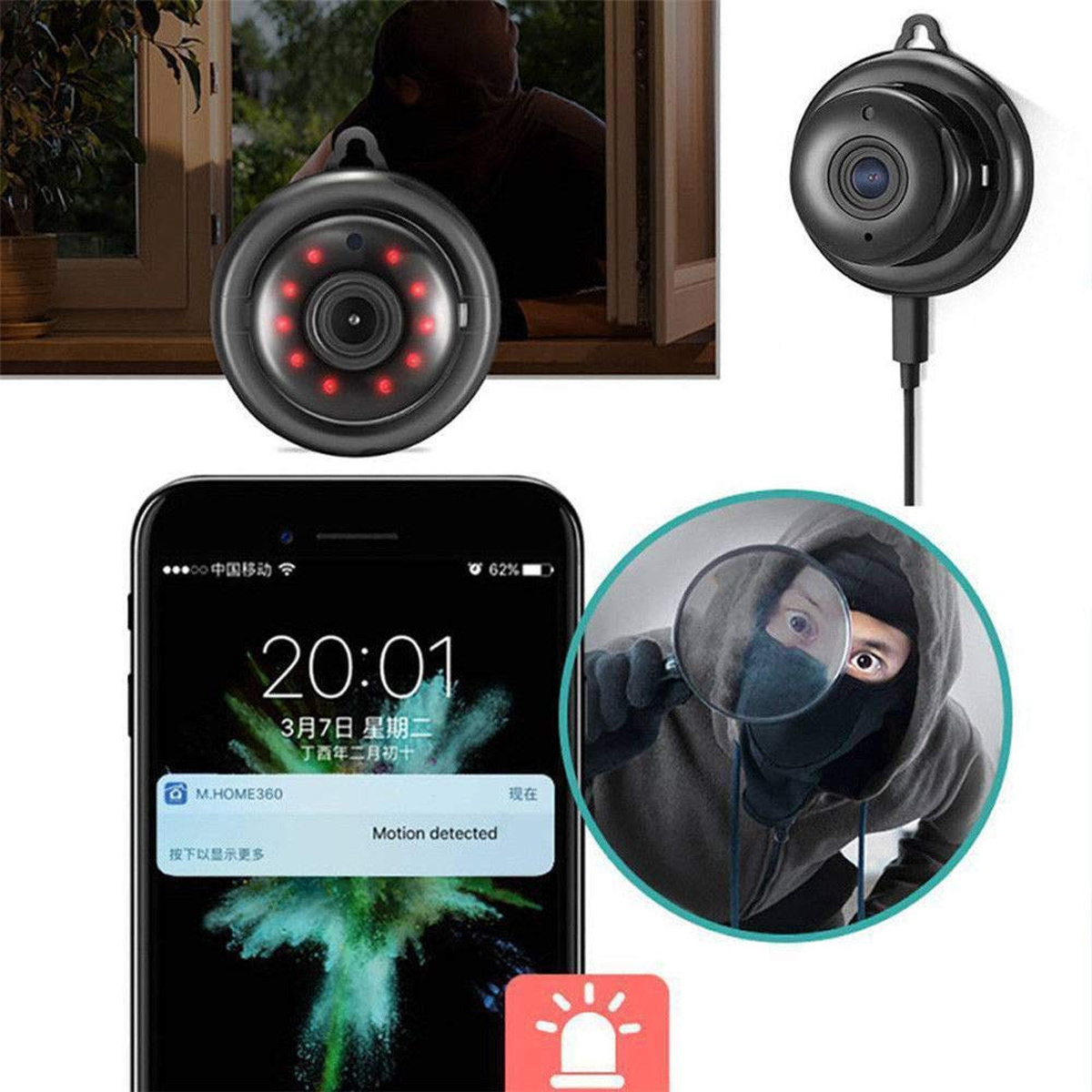 Eine Sicherheitskamera-Konfiguration mit Telefon, einem Bild eines Einbrechers und zwei Kameraansichten.