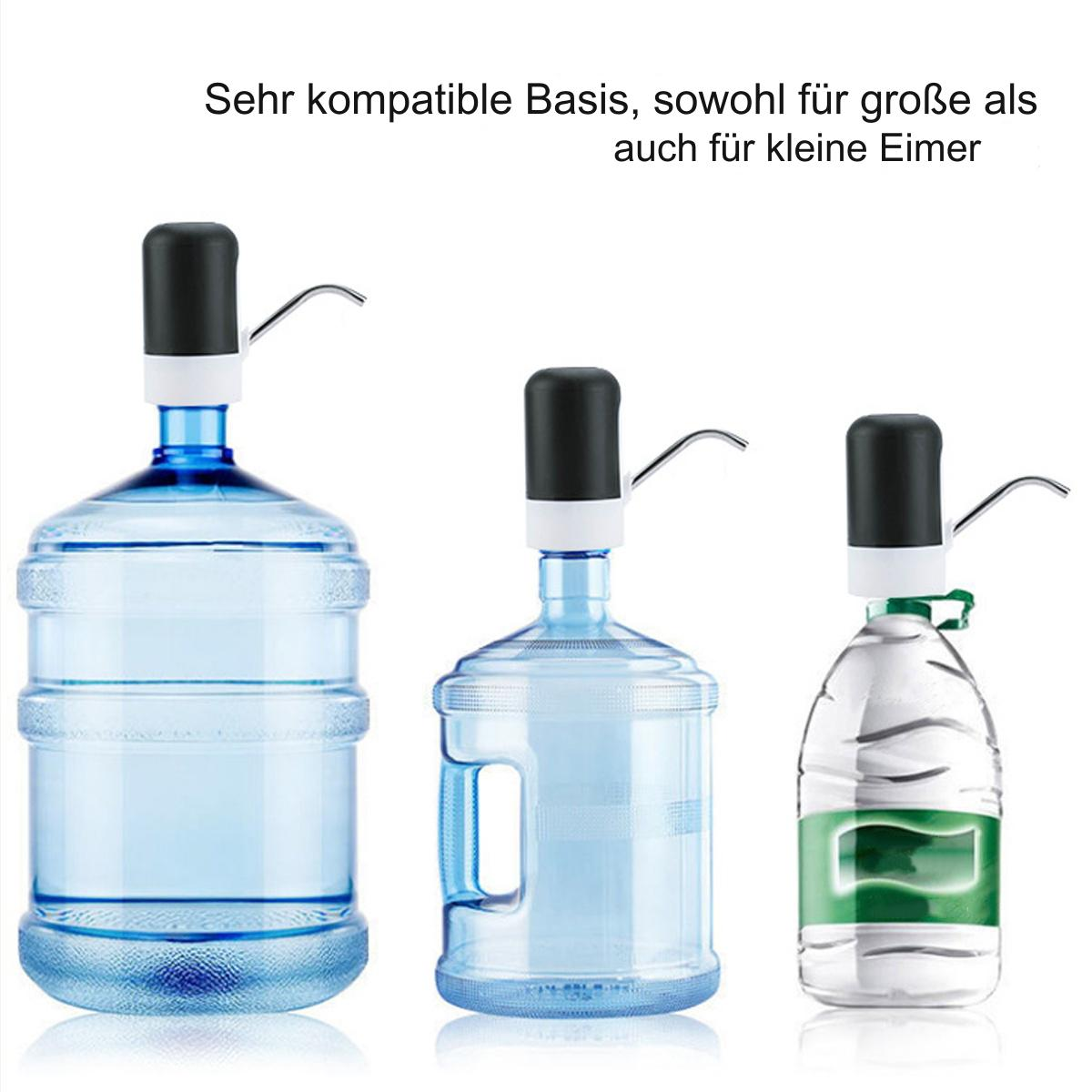 Drei Wasserkannen mit Spendepumpen. Text: 'Sehr kompatible Basis, für große und kleine Eimer'.