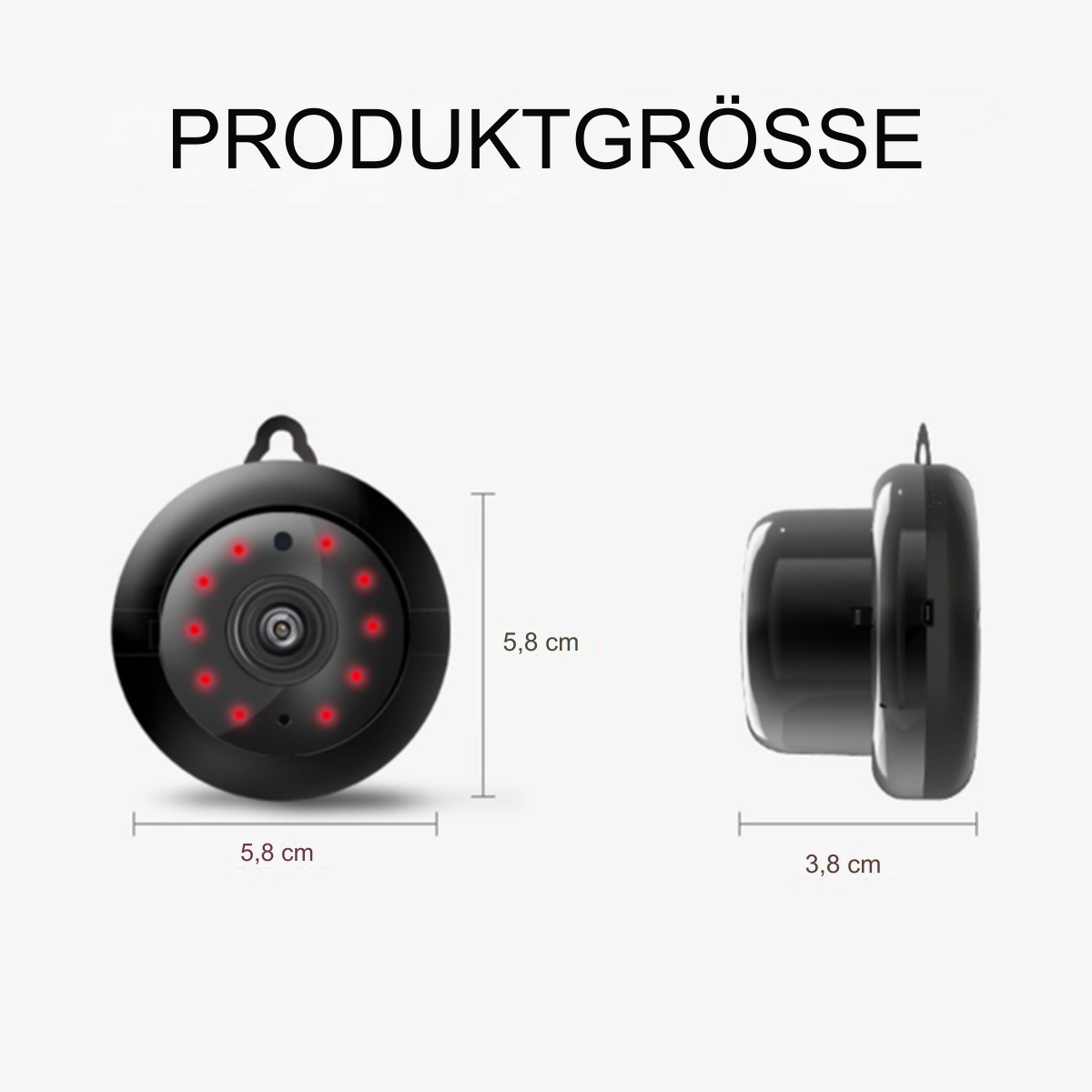 Zwei Ansichten einer schwarzen Kamera, mit roten Lichtern und sichtbaren Abmessungen.