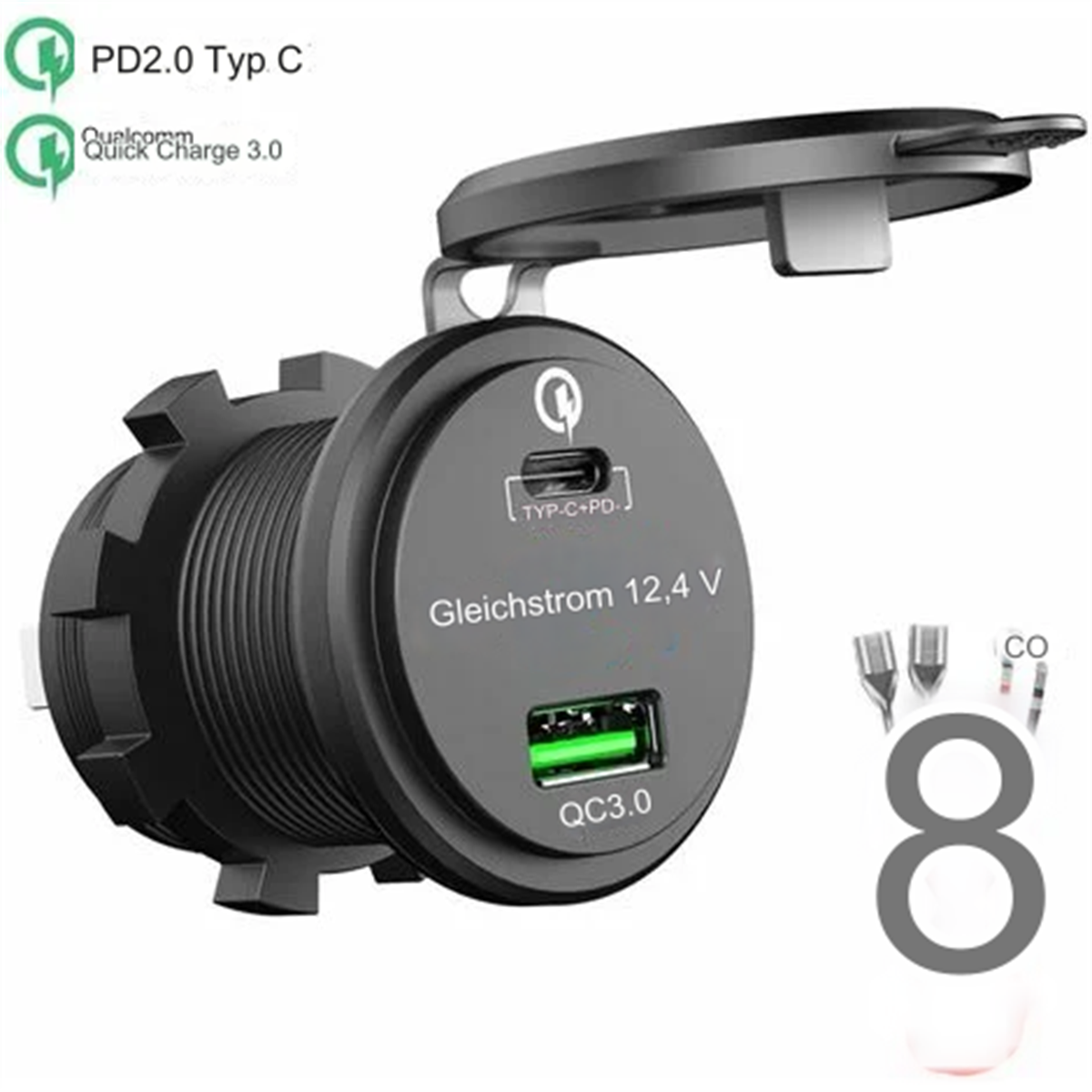 Schwarzes und rundes 12V-Autoladegerät mit grünem USB-Anschluss.