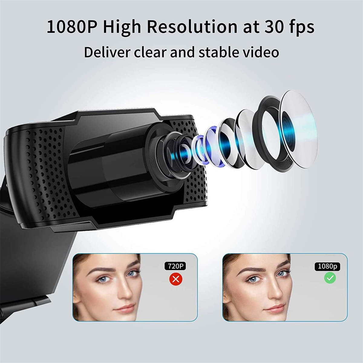 Eine Webcam mit Text, der 1080P High Resolution bei 30 fps angibt. Zwei Gesichter sind abgebildet, eines 720P, eines 1080P.