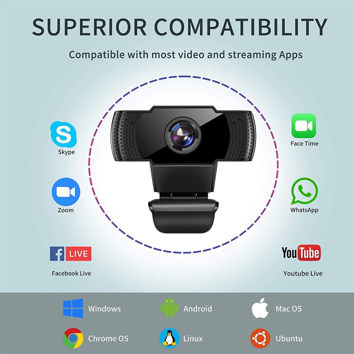Eine schwarze Webcam mit Logos verschiedener Apps für Kompatibilität, über einem blauen Hintergrund.