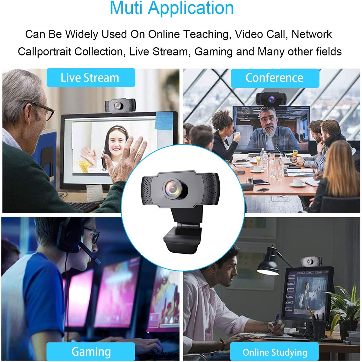 Webcam, die verschiedene Anwendungen wie Live-Streaming, Gaming und Online-Studium zeigt.