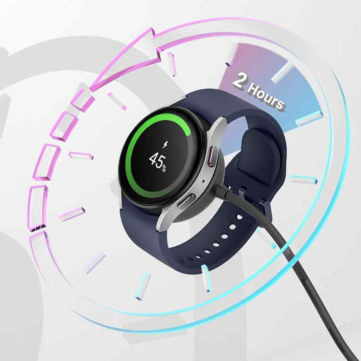 Smartwatch lädt, 45% Akku. Eine Grafik zeigt 2 Stunden Restzeit an.