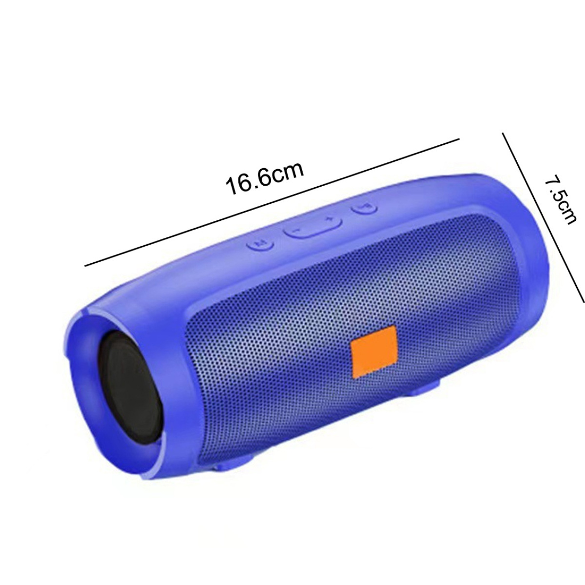 Ein blauer tragbarer Lautsprecher mit den Maßen 16,6 cm und 7,5 cm.