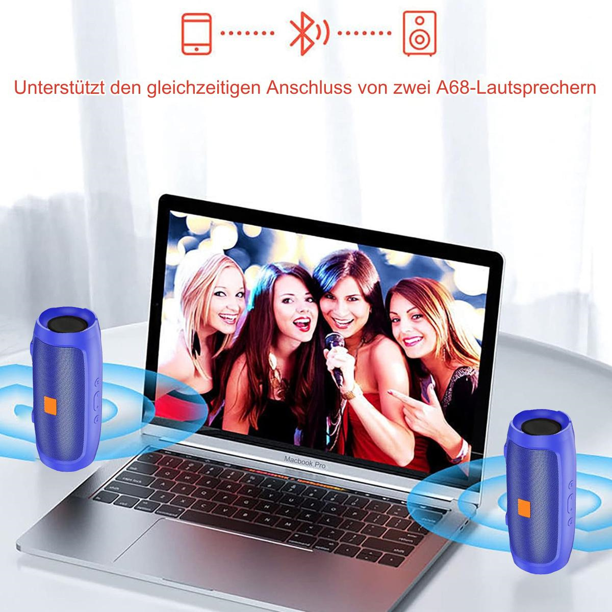Zwei blaue Lautsprecher flankieren einen Laptop mit vier Frauen auf dem Bildschirm, verbunden via Bluetooth.