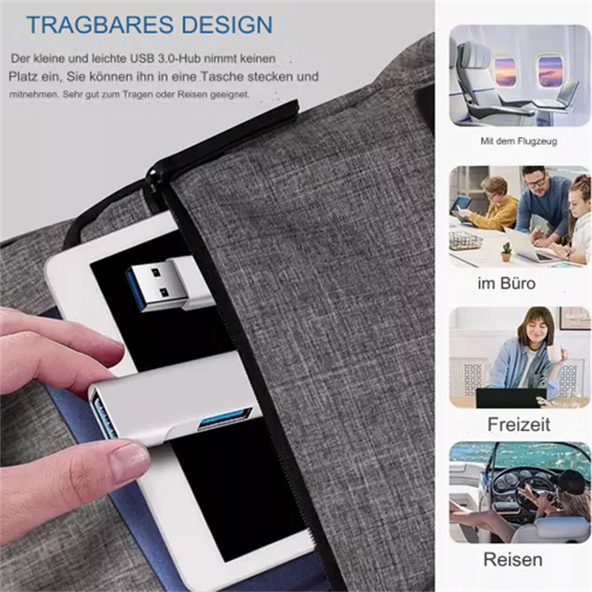 Bild zeigt USB-Hub an Tablet in grauer Tasche, mit Bildern zum Thema Reisen.