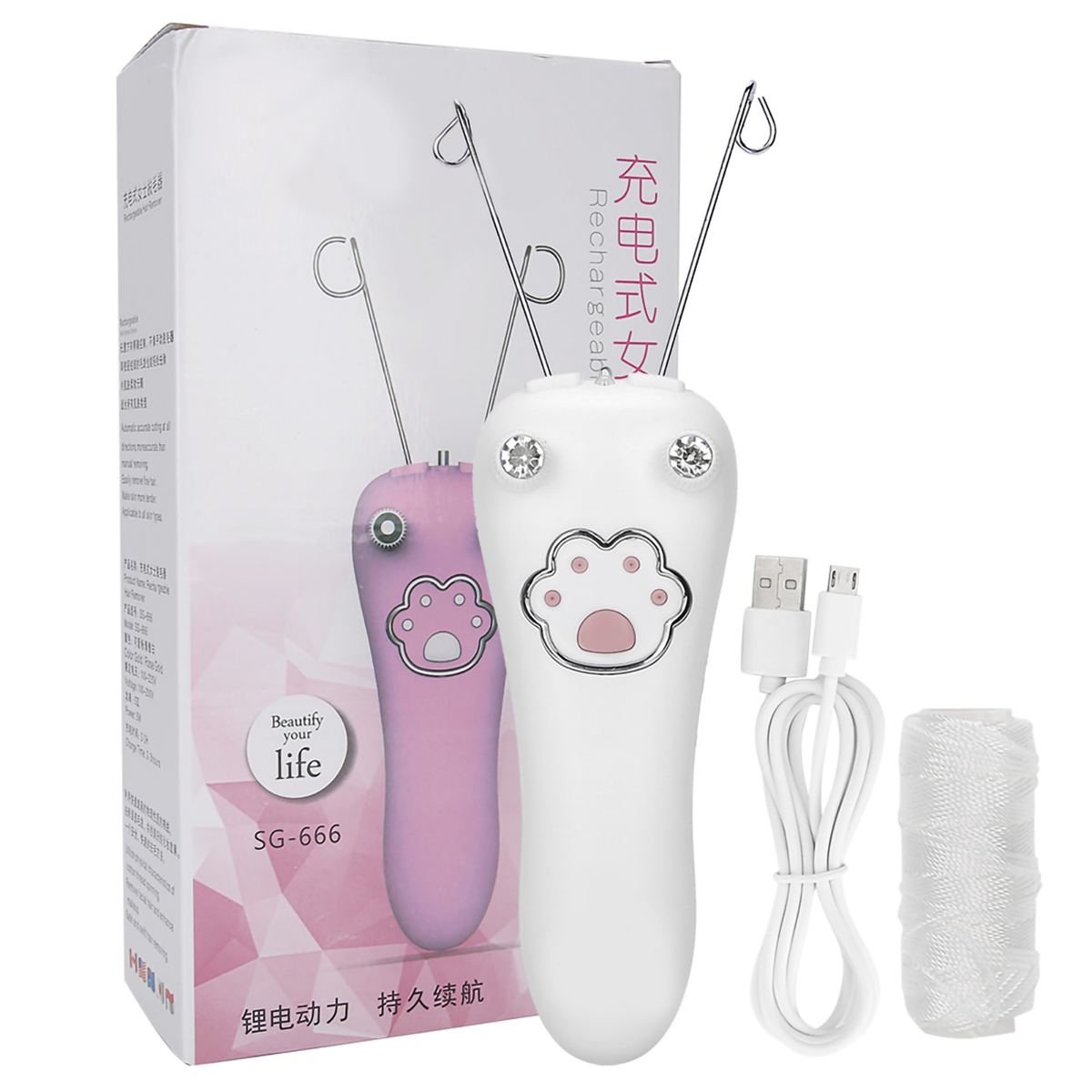 Ein weiß-rosa Haarentferner mit zwei Drähten, einem Ladekabel und einer Fadenspule.