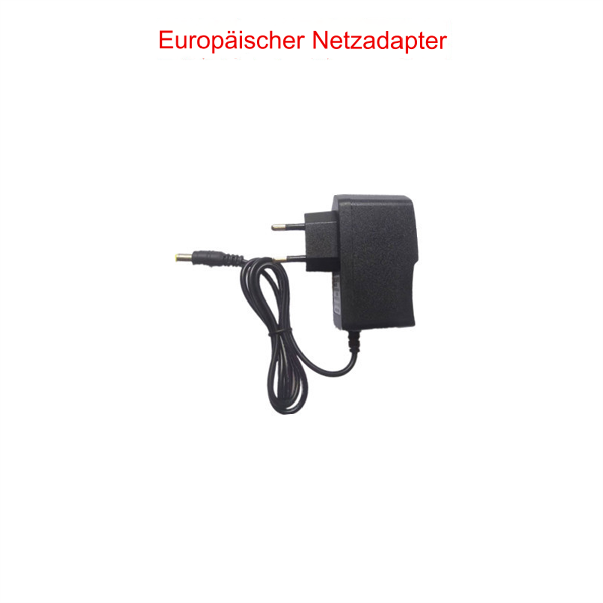 Schwarzer europäischer Netzadapter mit schwarzem Kabel und Stecker.