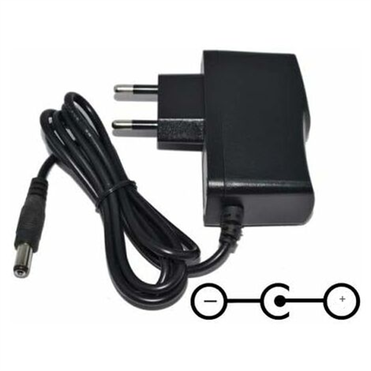Schwarzer Adapter mit Kabel und Stecker. Hat einen Stecker mit zwei Stiften.