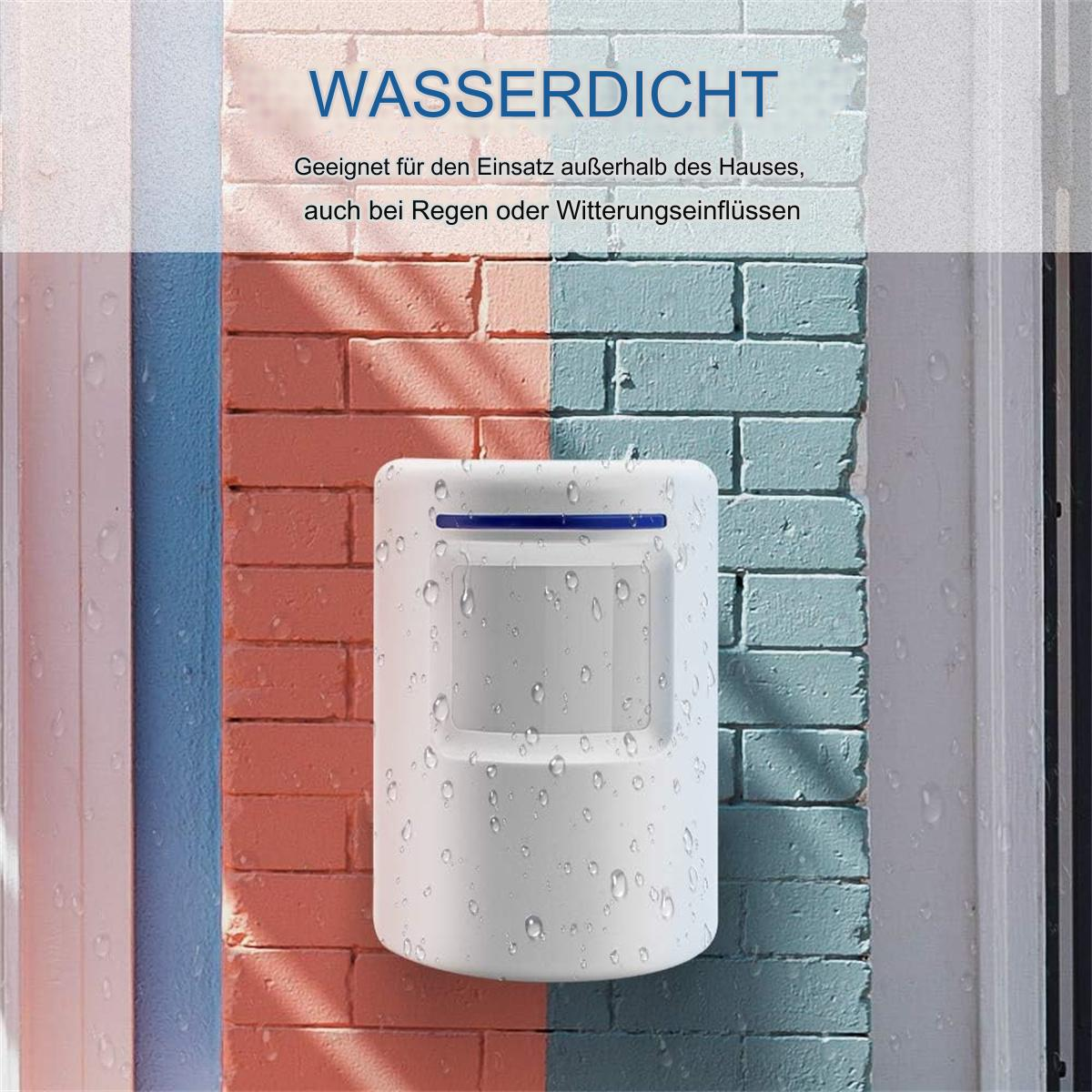 Weißes wasserdichtes Gerät an einer Ziegelmauer befestigt. Wassertropfen sind sichtbar. Text: Wasserdicht.