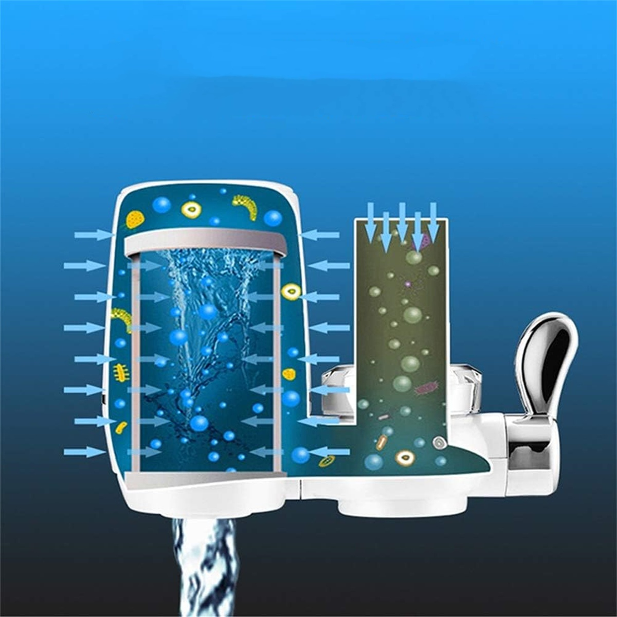 Querschnitt eines Wasserfilters. Filter entfernt Verunreinigungen aus Wasser, Pfeile zeigen dies.