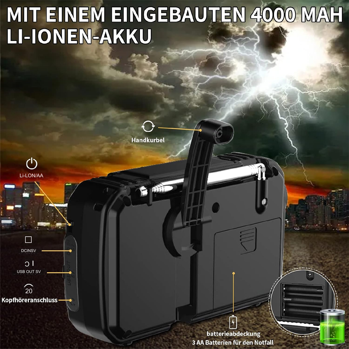 Schwarzes Radio mit Handkurbel und Blitzeffekt, Text: Eingebauter 4000 mAh Li-Ionen-Akku.