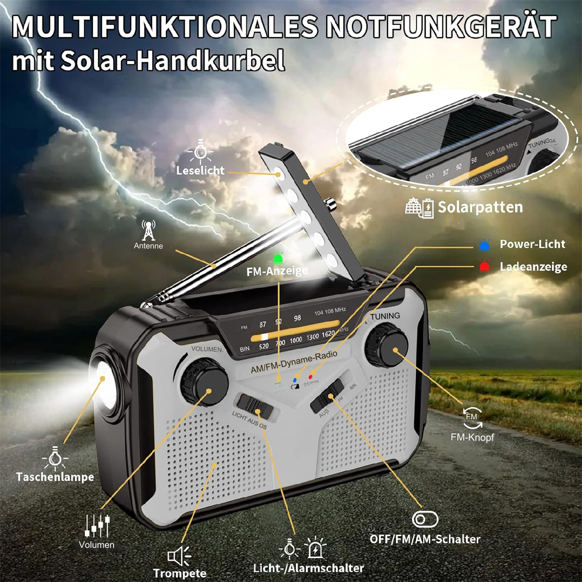 Multifunktionales Notfunkgerät mit Solarpanel und verschiedenen beschrifteten Funktionen.