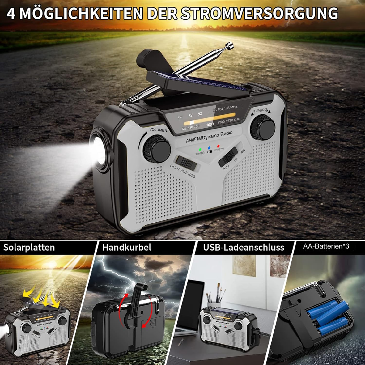 Radio mit Licht auf einer Straße, zeigt Solarpanel, Handkurbel, USB und AA-Batterien.