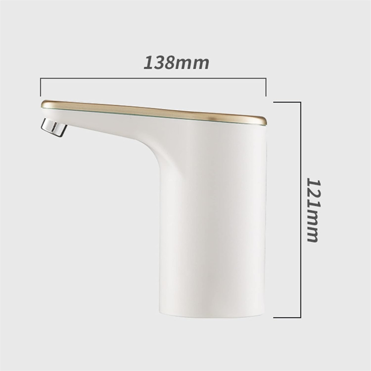 Weißer Wasserspender, mit den Maßen 138 mm breit und 121 mm hoch.