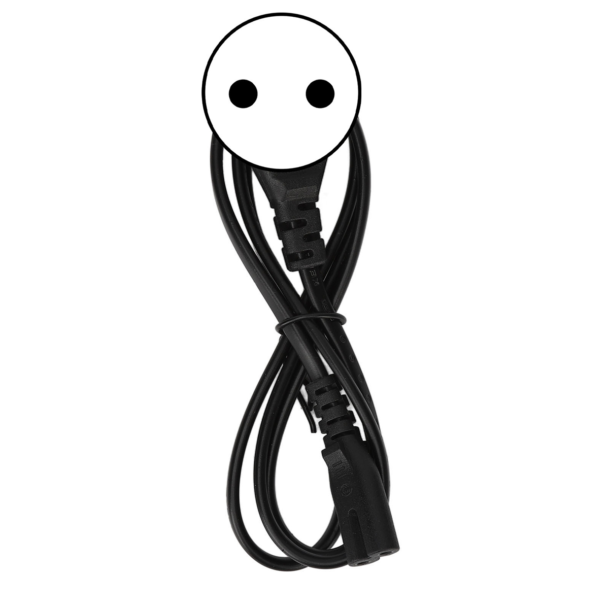 Schwarzes Netzkabel mit weißem Stecker. Das Kabel ist geschlungen und hat ein abgerundetes Ende mit zwei Löchern.