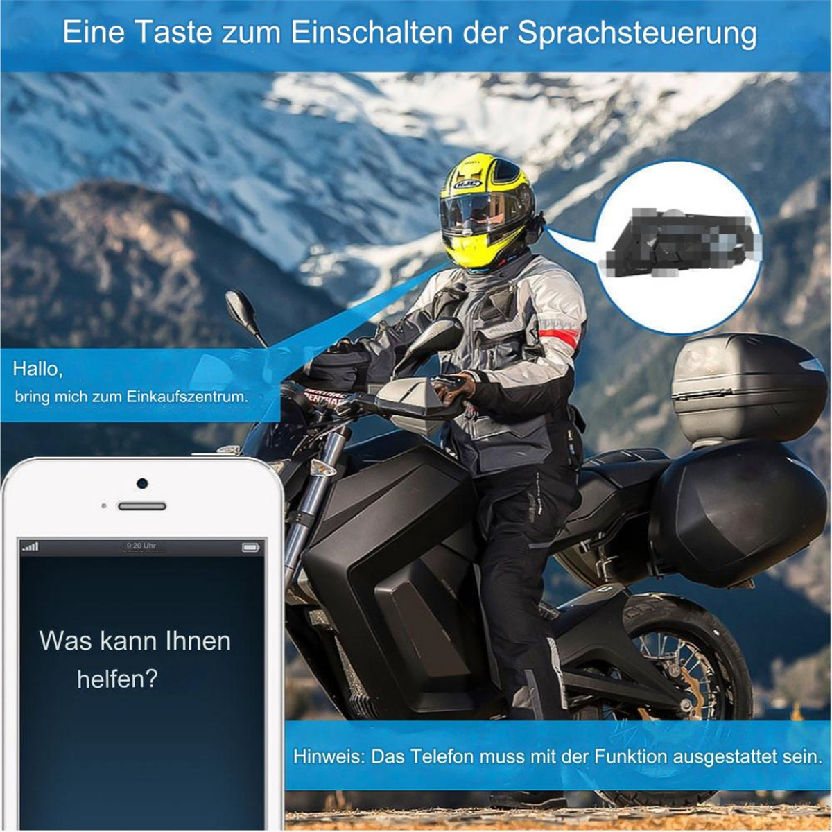 Eine Person auf einem Motorrad, die ein Telefon mit Text benutzt.
