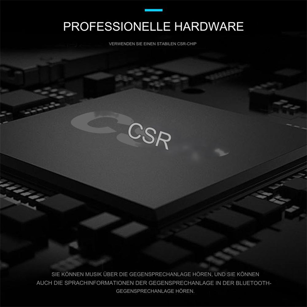 Nahaufnahme eines schwarzen Prozessorchips mit dem CSR-Logo darauf.