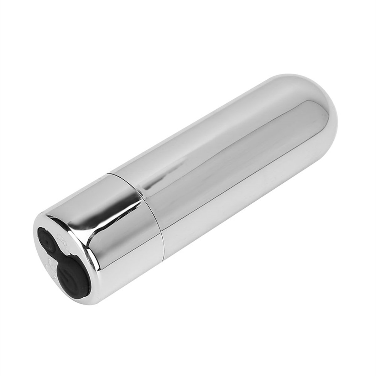 Ein silberner Vibrator. Er hat einen glatten, zylindrischen Körper und ein gebogenes Ende.