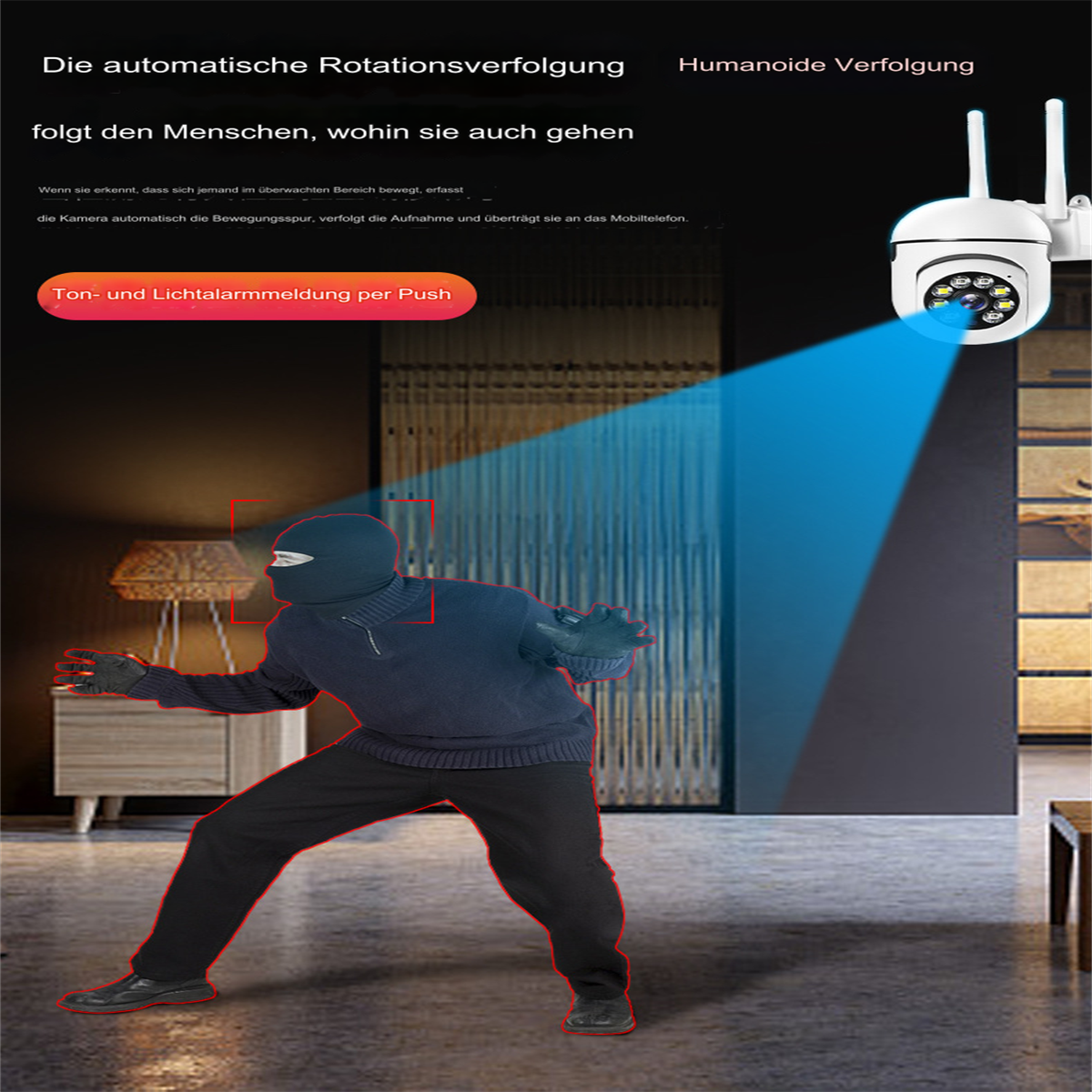 Überwachungskamera mit Personenerkennung und Bewegungserkennung. Blaues Licht zeigt den Fokus.
