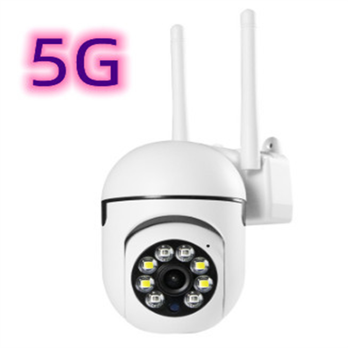 Weiße Überwachungskamera mit 5G-Label und Antennen. Isoliert auf weißem Hintergrund.