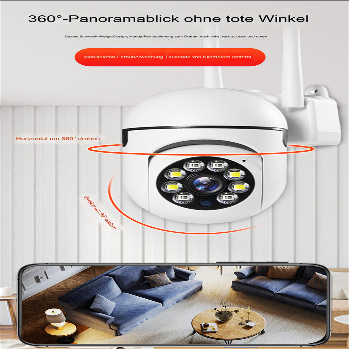 Eine weiße Überwachungskamera mit Antennen. Ein Telefon zeigt die Ansicht der Kamera eines Wohnzimmers.