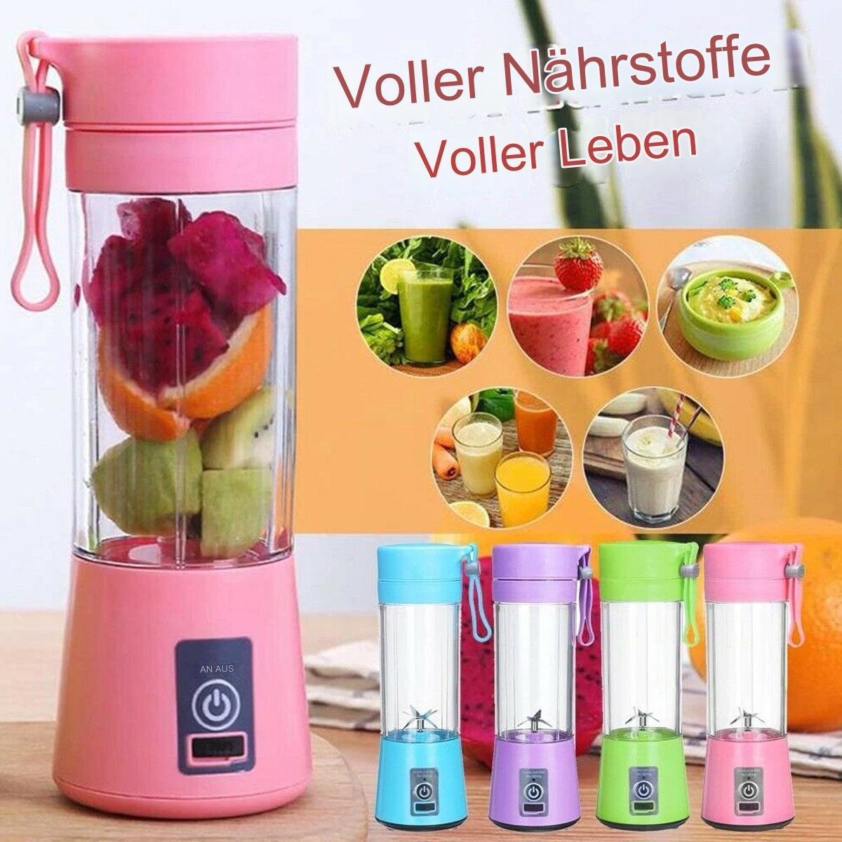 Rosa Mixer mit Früchten, mehrere kleinere Mixer mit Getränken. Text: Voller Nährstoffe...