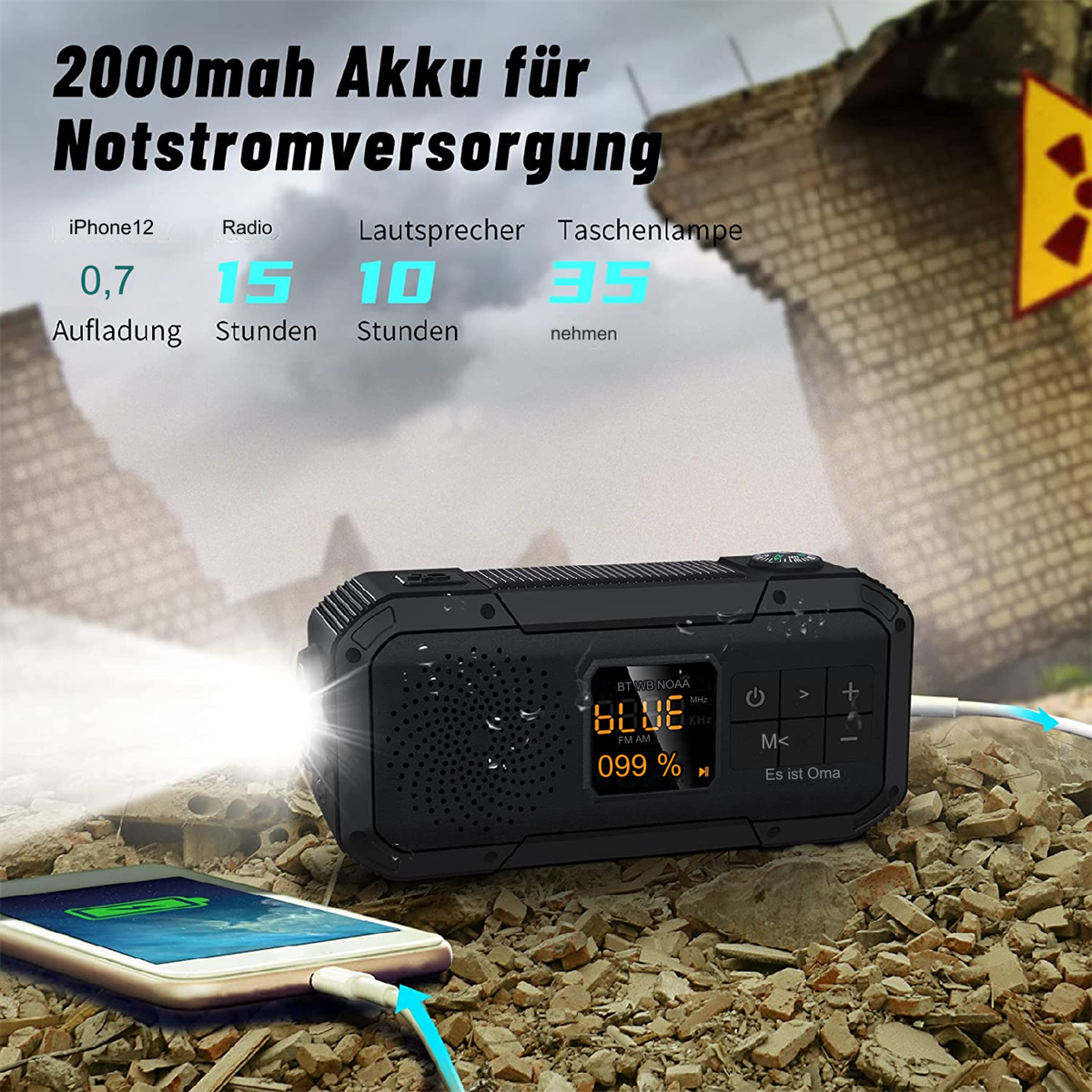 Ein schwarzes Radio mit Licht lädt ein Telefon auf einem Trümmerhintergrund auf.