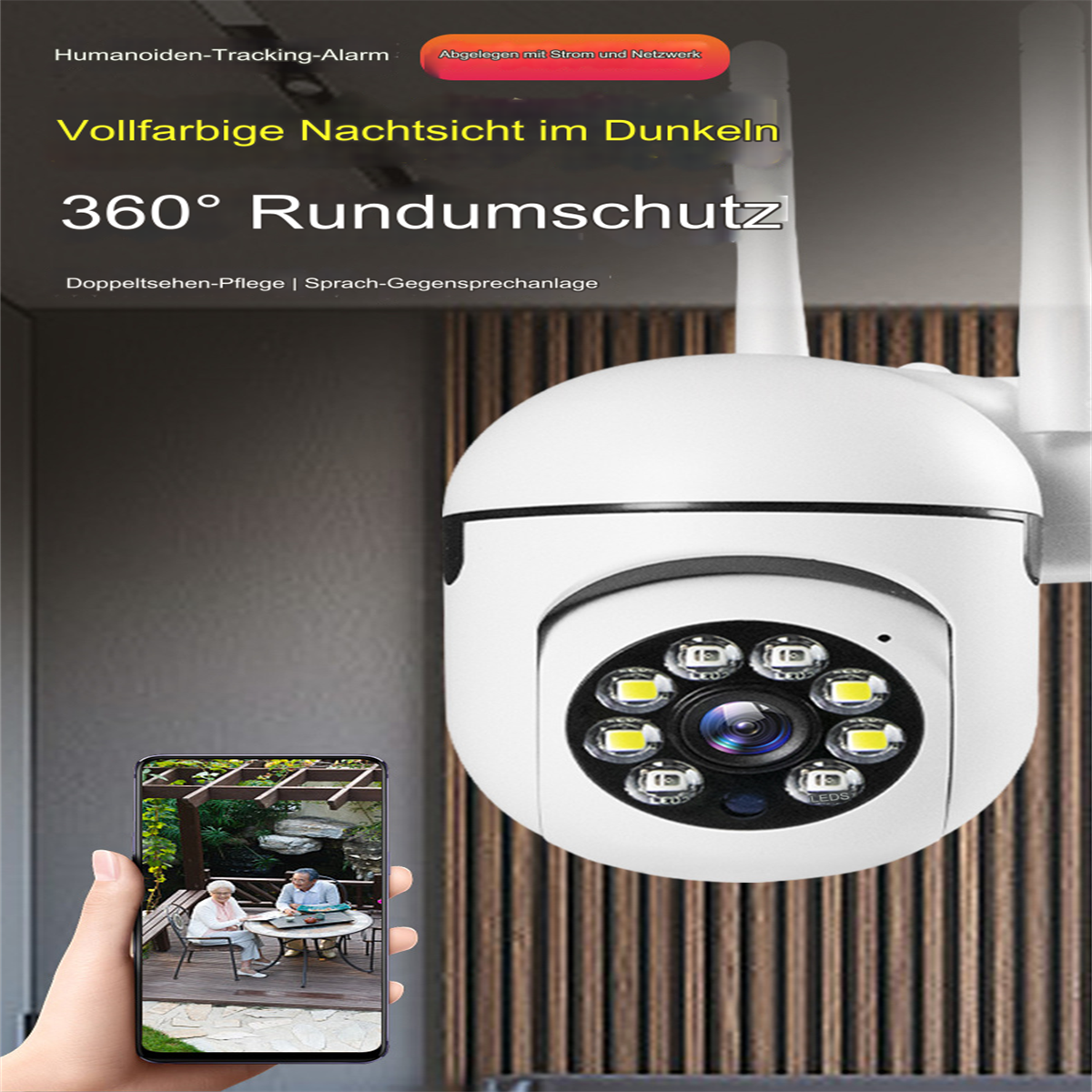Weiße Überwachungskamera mit einem Telefon, das eine Außenszene zeigt, und 360-Grad-Ansicht.