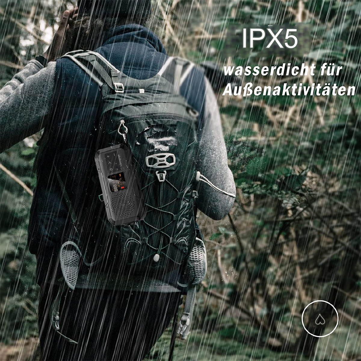 Person mit Rucksack im Regen. Text: IPX5 wasserdicht für Outdoor-Aktivitäten. Wassertropfen fallen.