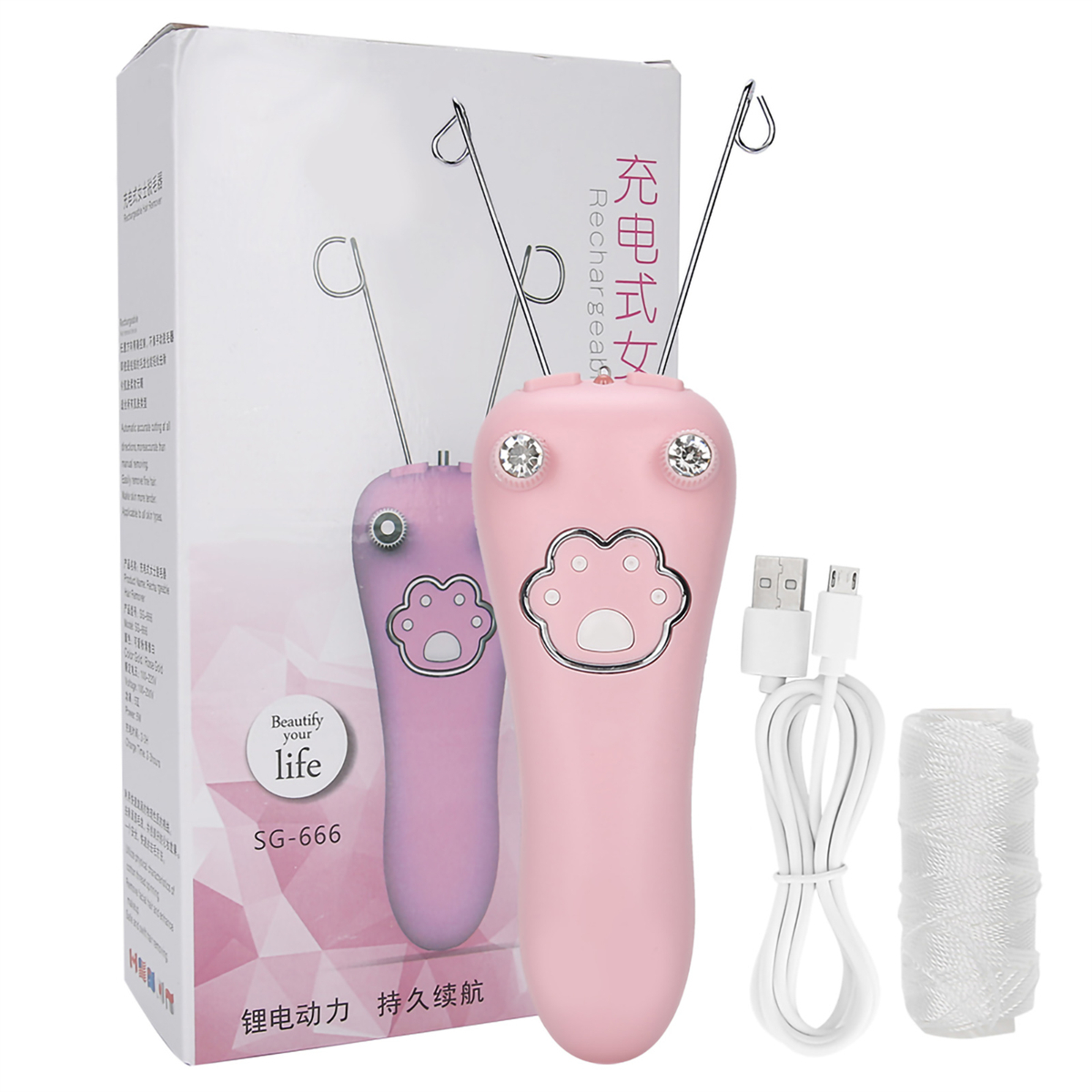Pinke und lila Epilierer mit Ladekabel und Garnrolle auf weißer Oberfläche.