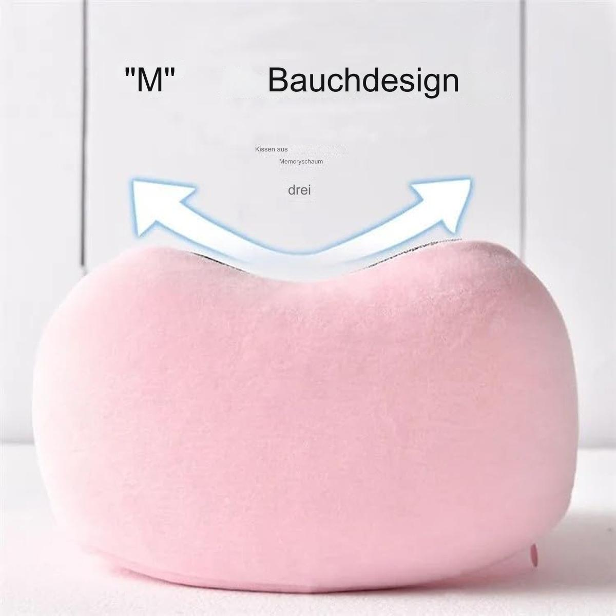 Rosa Kissen auf weißem Hintergrund. Text auf Deutsch: Bauchdesign, Memory-Schaum.