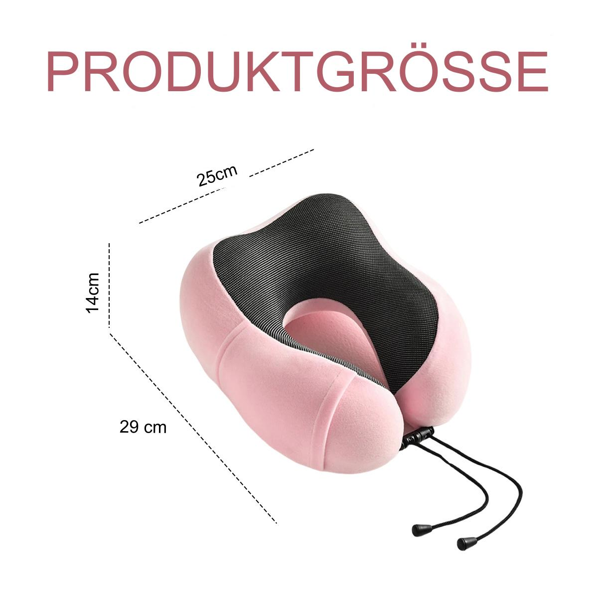 Rosa Nackenkissen mit Maßen. Es ist U-förmig. Schwarze Schnüre sind befestigt.
