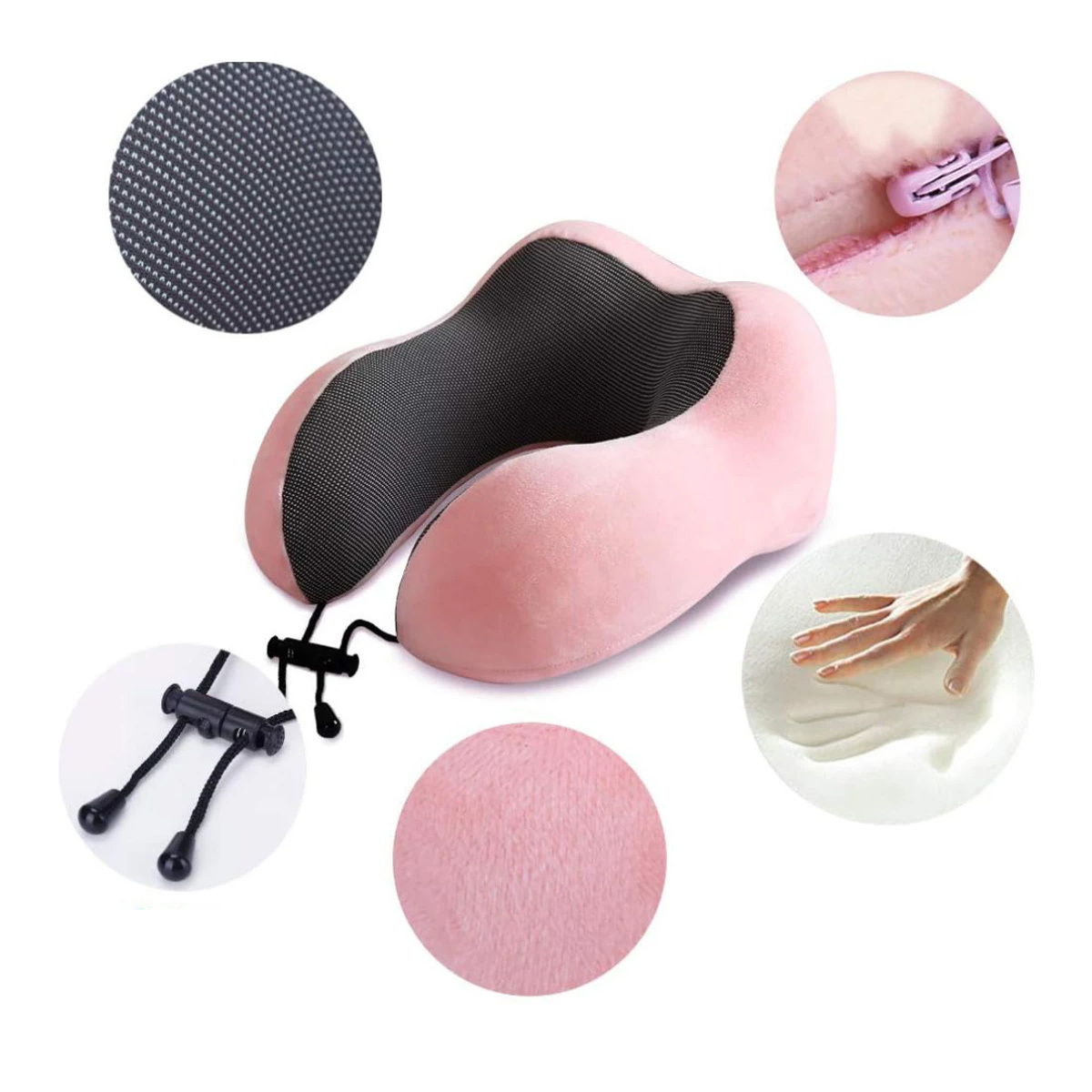 Pinkes Reisekissen mit schwarzem Netz, schwarzem Riemen und Reißverschluss. Mehrere Detailaufnahmen.